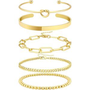 14K Real Gold Plated Bangle Cuff Non Tarnish Trendy Stack Bracelets for Women